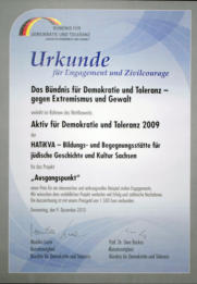 Urkunde des Bündnisses für Demeokratie und Toleranz 2009 für das Projekt "Ausgangspunkt"