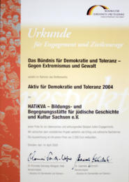 Urkunde für HATiKVA des Bündnisses für Demokratie und Toleranz 2004